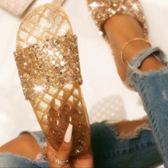 Embellished Sparkle Jelly Slides in Gold - Picture 5 of 7